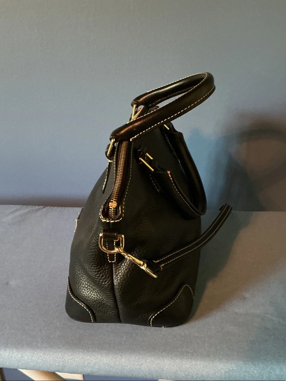 Dooney & Bourke Black Pebbled Leather Satchel with Gold Hardware